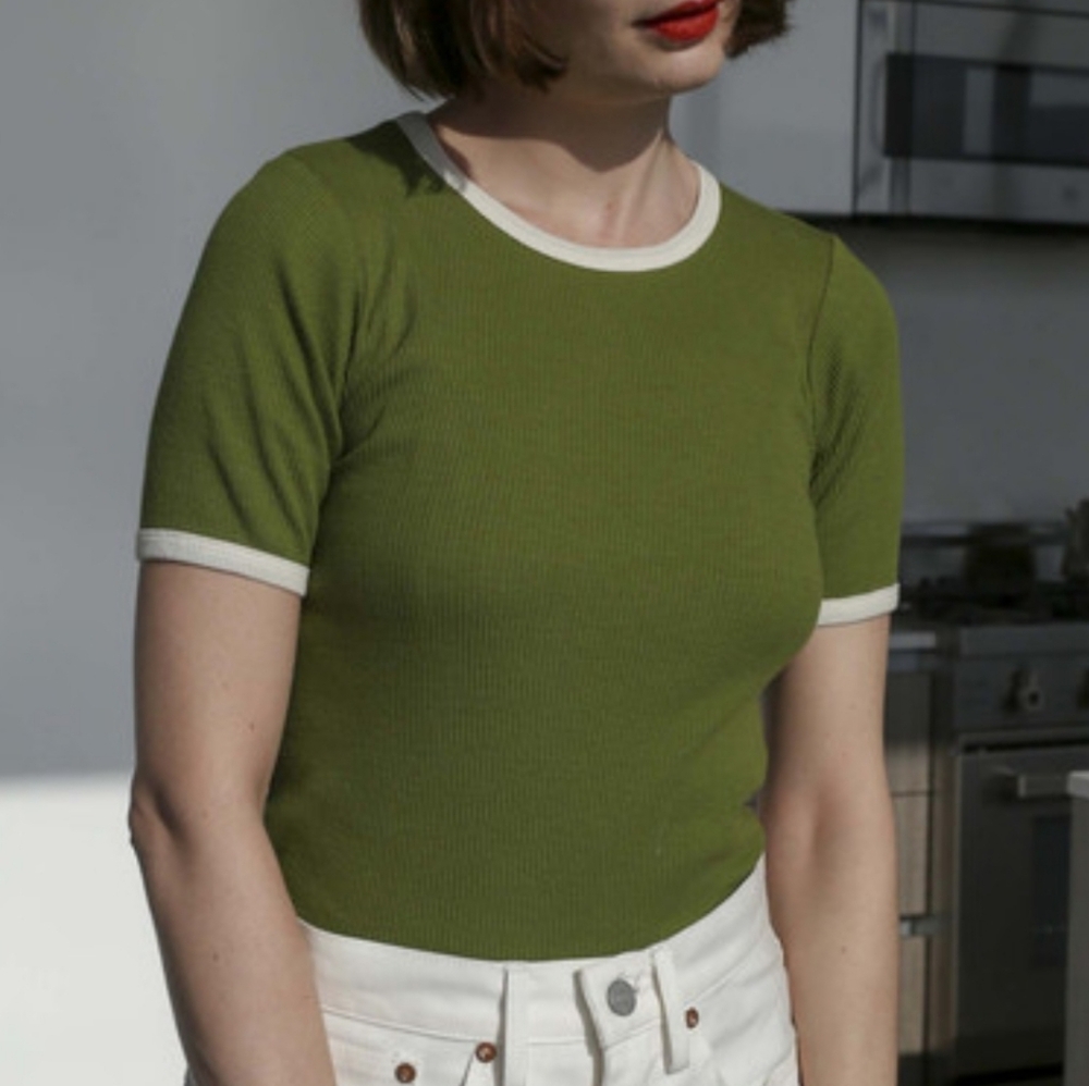 No.6 Store Lola Olive Green Ribbed Short Sleeve Top with White Trim